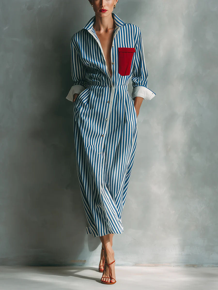 Women's Striped Cotton-linen Shirt-collar Long-sleeve Dress