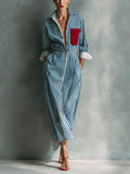 Women's Striped Cotton-linen Shirt-collar Long-sleeve Dress