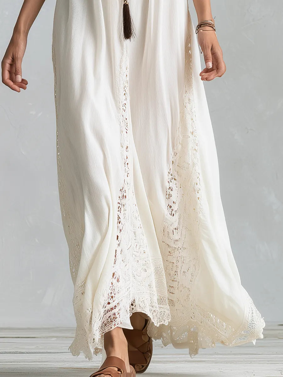 Boho White Lace Panel Belted Maxi Dress