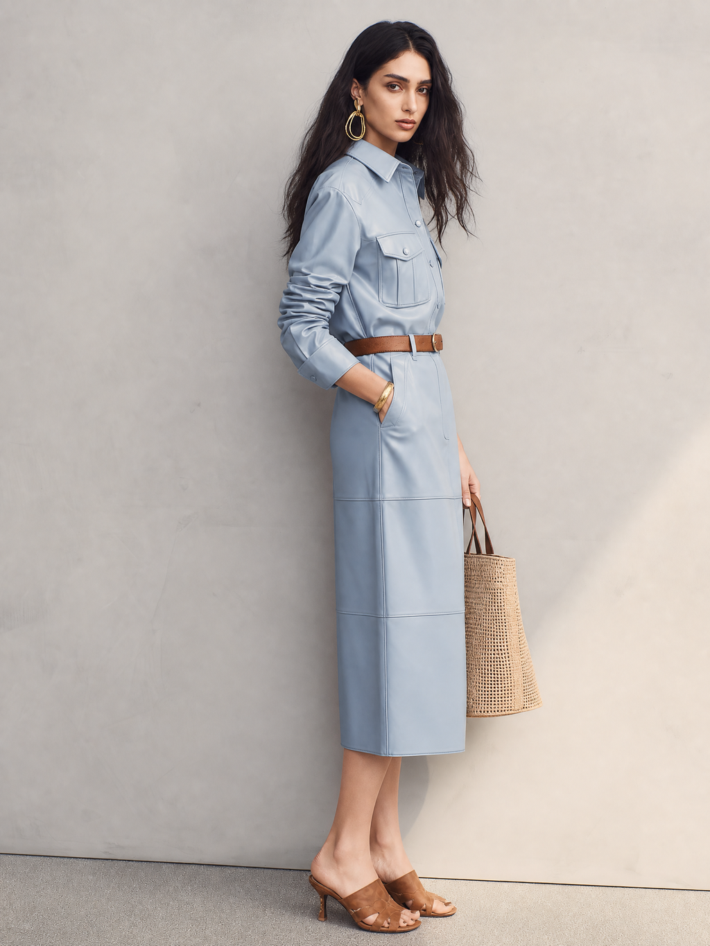 Modern Powder Blue Utility Shirt Midi Dress