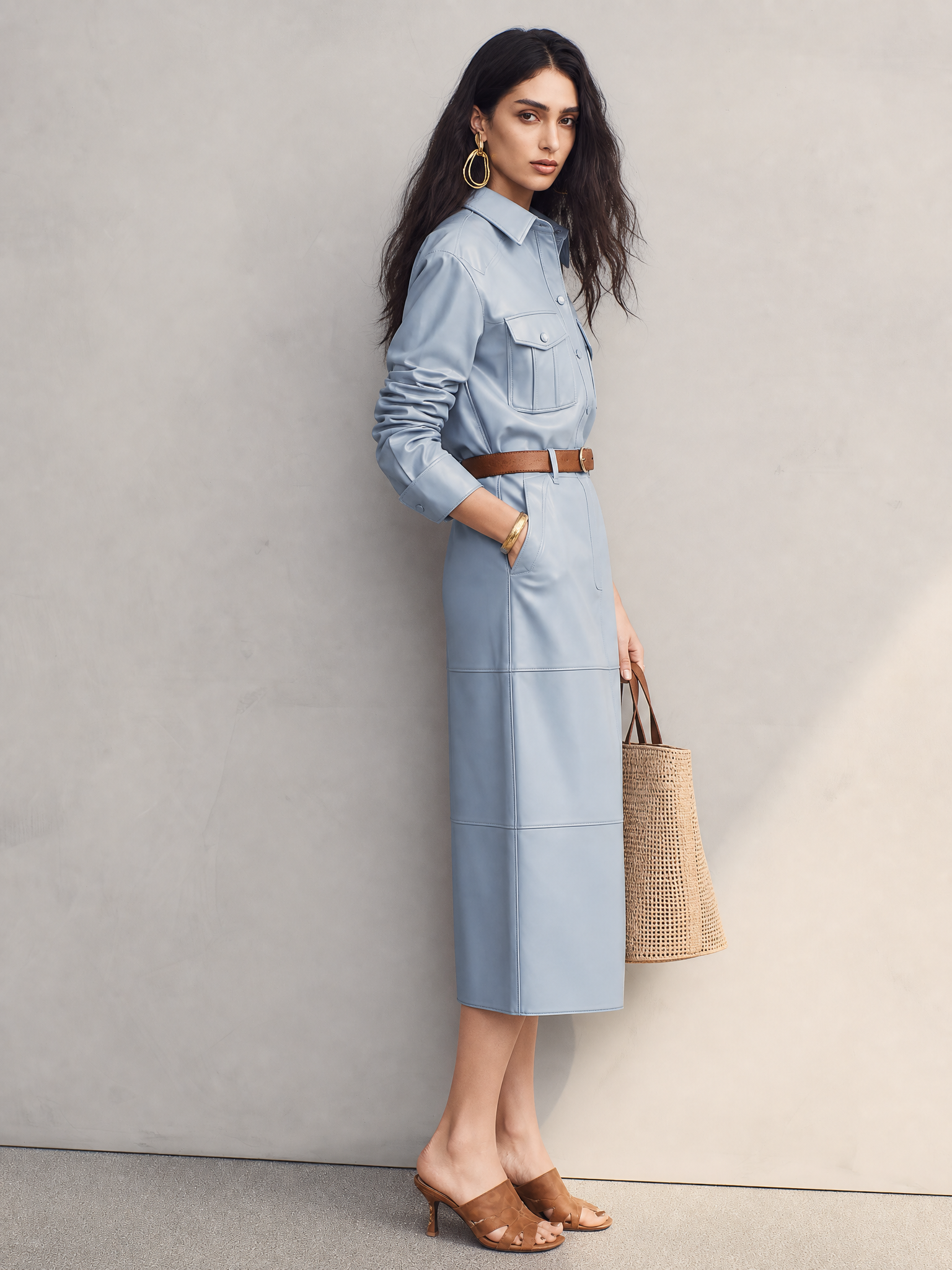 Modern Powder Blue Utility Shirt Midi Dress