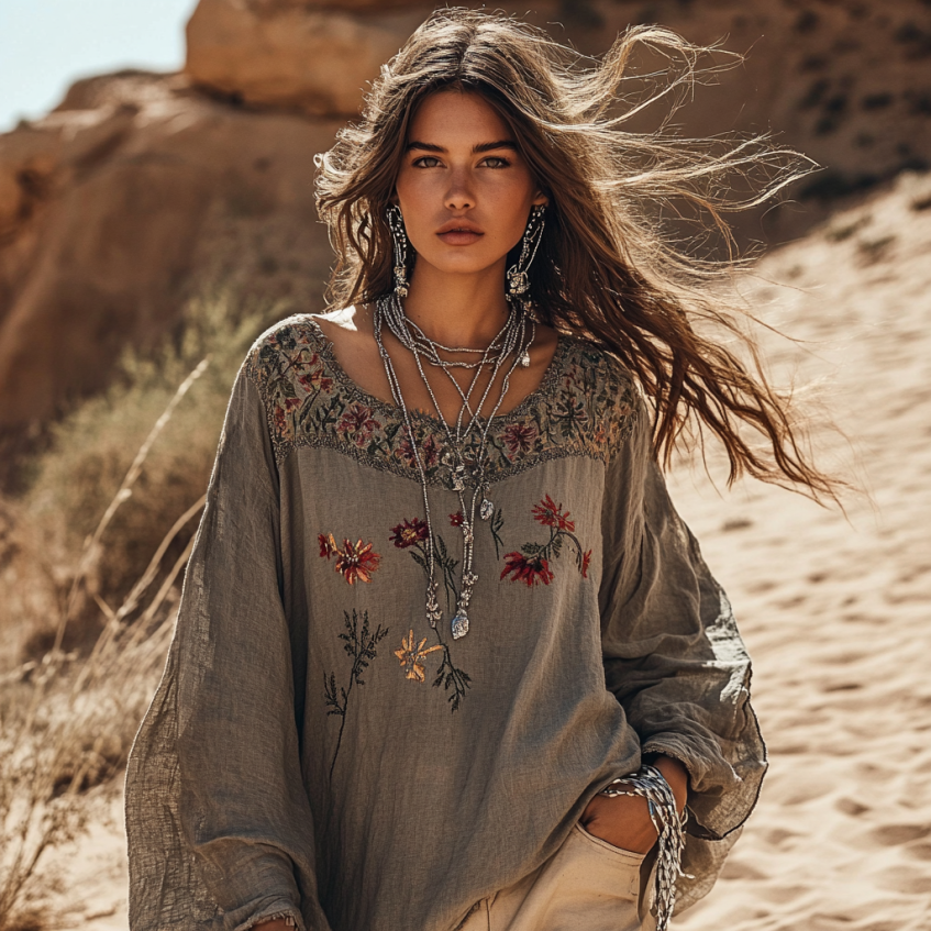 Boho Floral Embroidery Patchwork Art Print Cotton And Linen Blend Loose Blouse