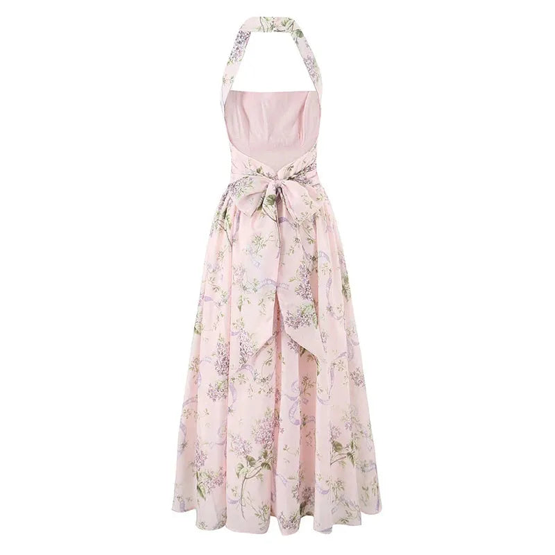 Liliora Halter Corset Midi Dress in Pink Lilac Ribbon Print – Summer Floral Occasion Dress with Side Split and Bow Back