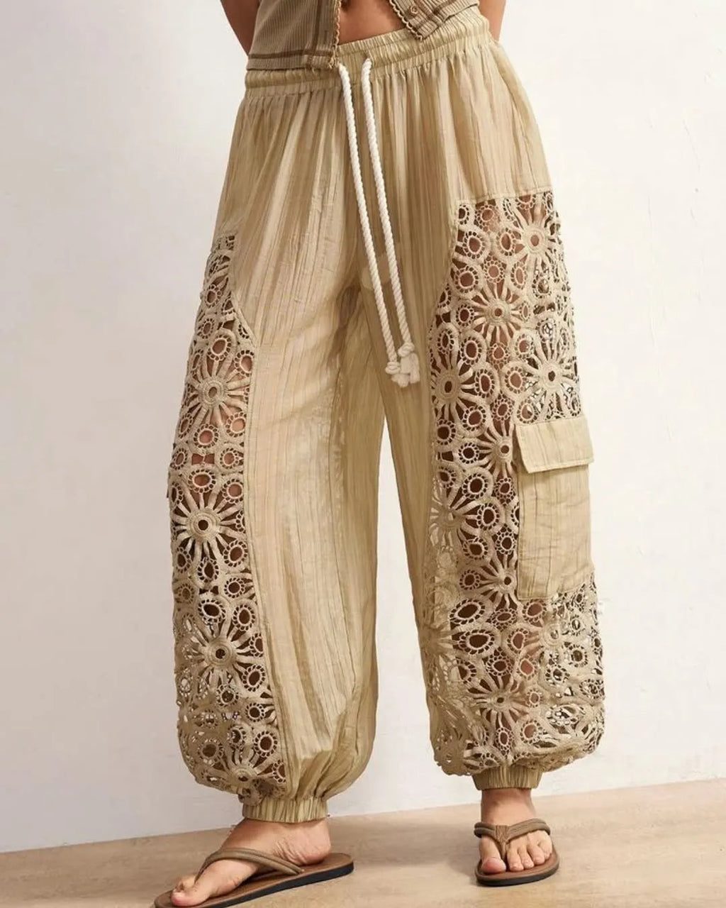Beige Lace Cutout Drawstring Harem Pants
