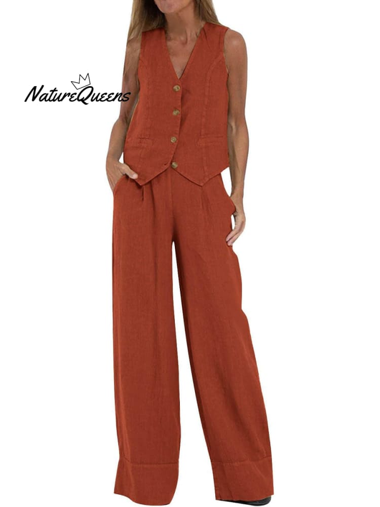 Women's Fashion Solid Color Vest Trousers Collage Stitching Cotton and Linen Casual Suit