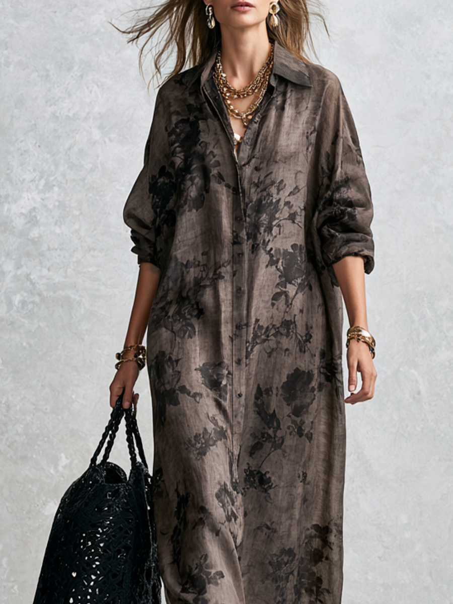 Bohemian Gray Floral Shirt Dress