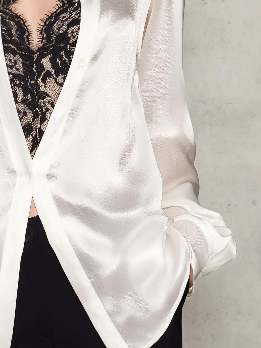 Exquisite Ivory Lace-paneled Satin Shirt