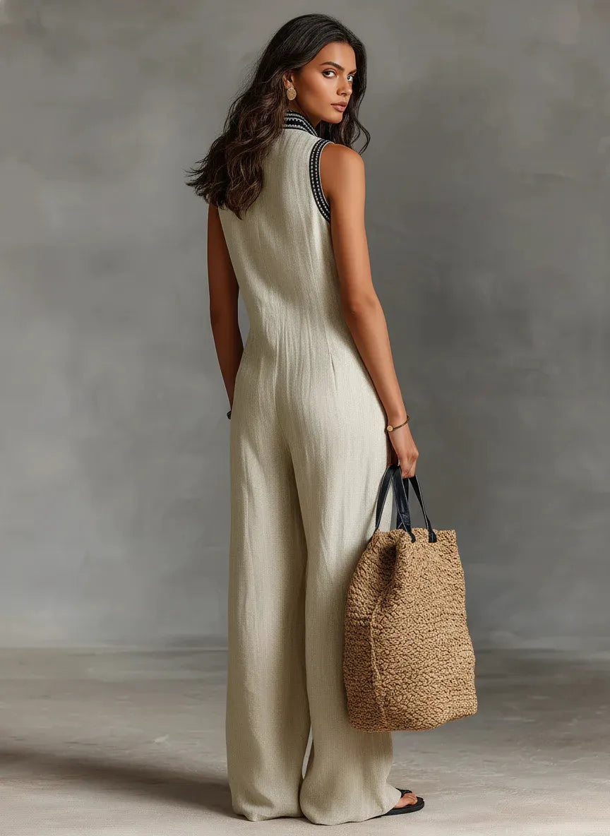 Women's V-Neck Cotton Linen Ethnic Print Casual Jumpsuit