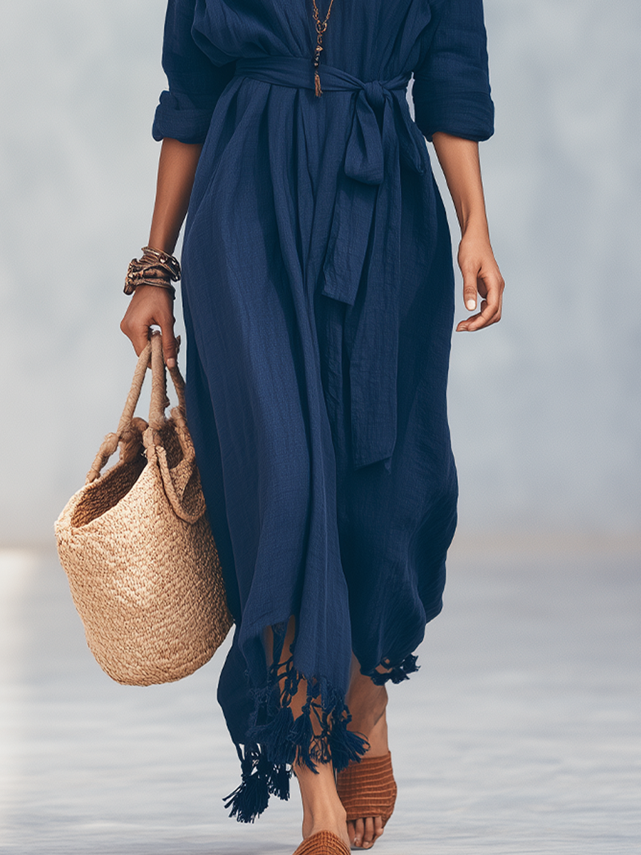 Chic Navy Tassel Tie-Waist Tiered Midi Dress