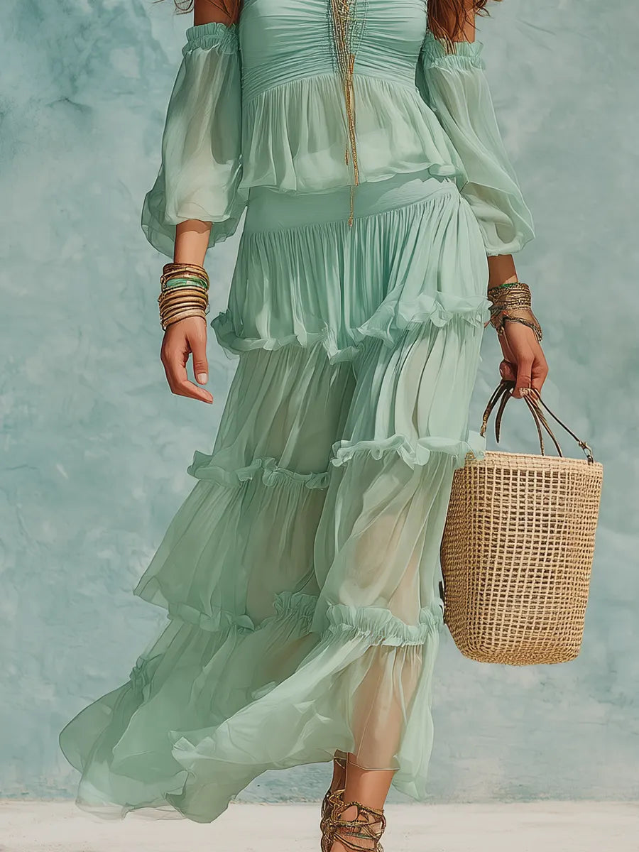 Fresh Mint Green Ruffled Skirt Set