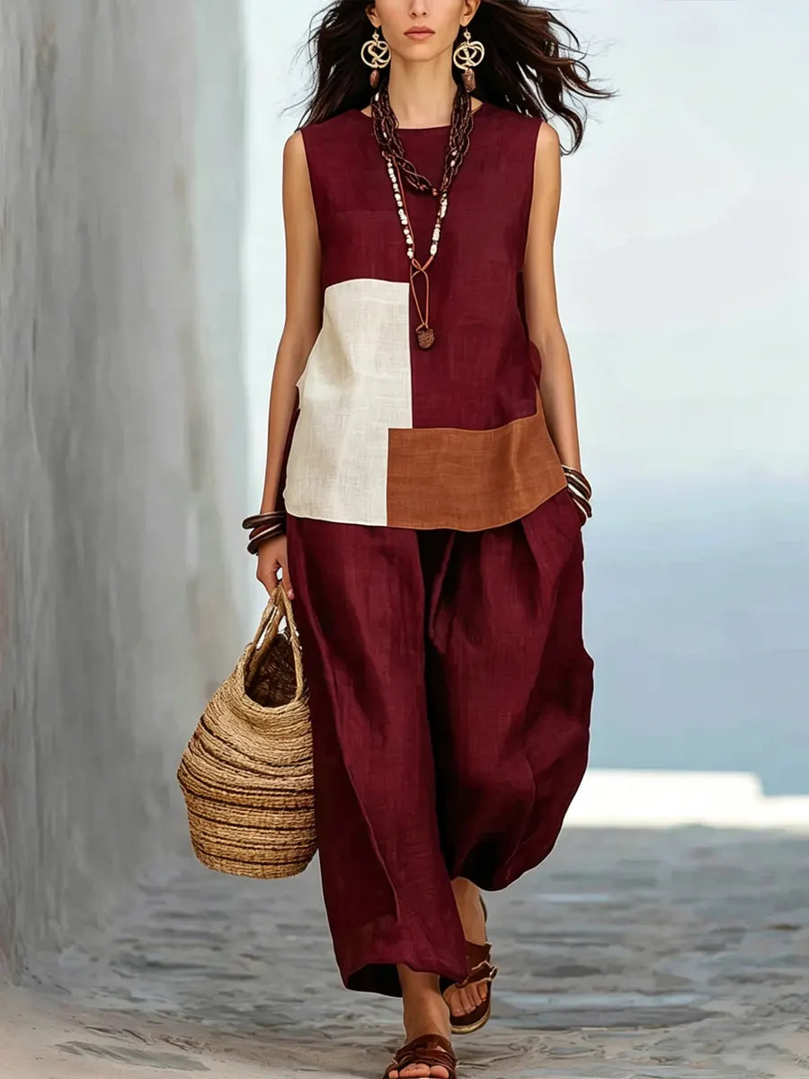 Women's Geometric Color-block Sleeveless Cotton-linen Set