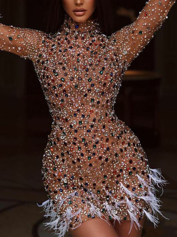 Banquet Long Sleeves Beaded See-Through Feathers Statement Mini Dresses