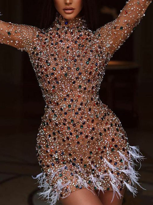 Banquet Long Sleeves Beaded See-Through Feathers Statement Mini Dresses
