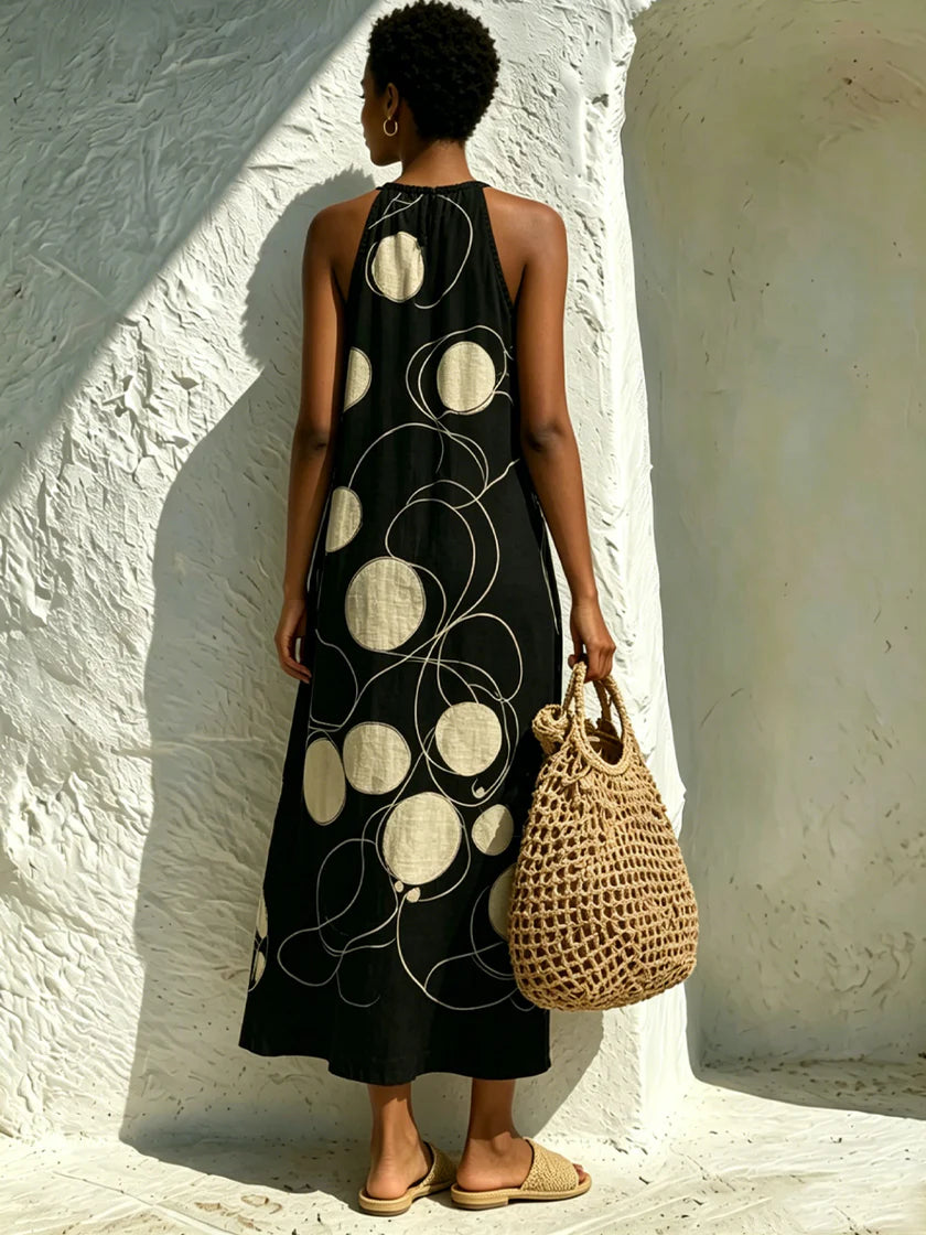 Cozy, Casual, Art-print, Sleeveless Linen And Cotton Dress