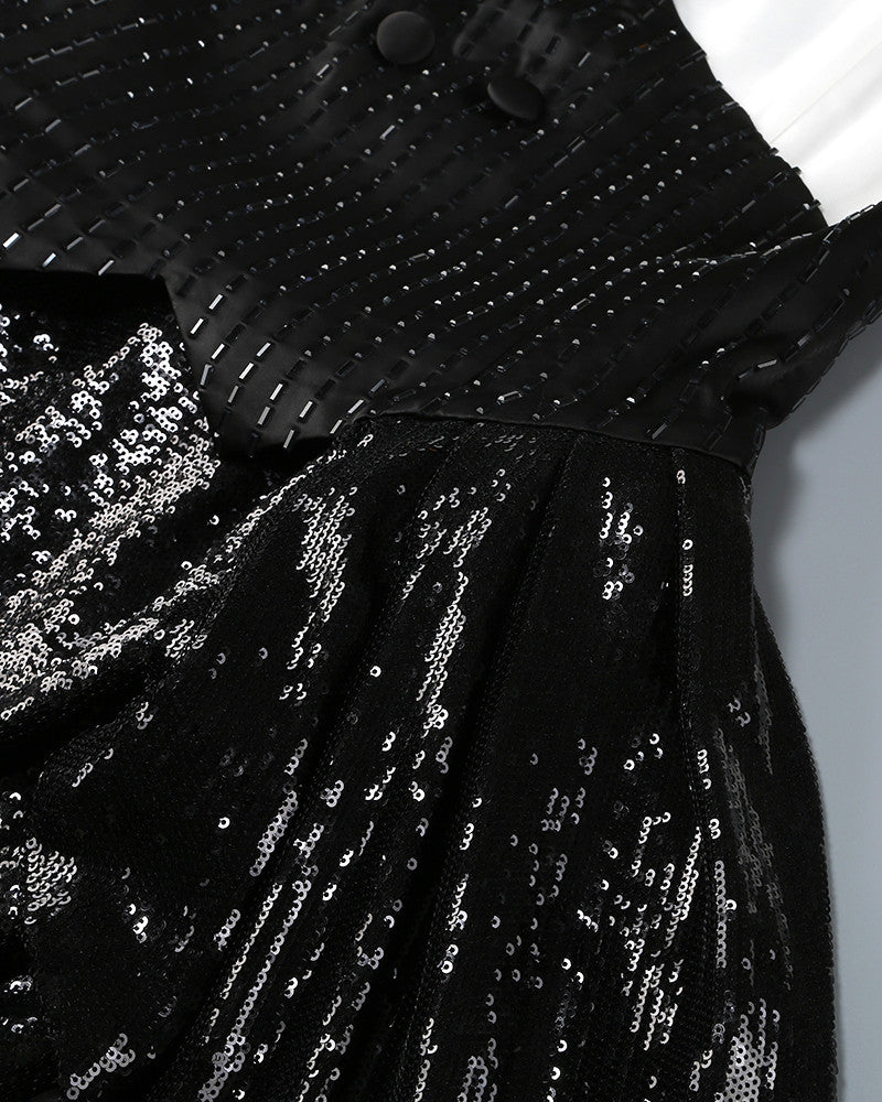 Long Sleeve Sequin Two Piece Dress Black White