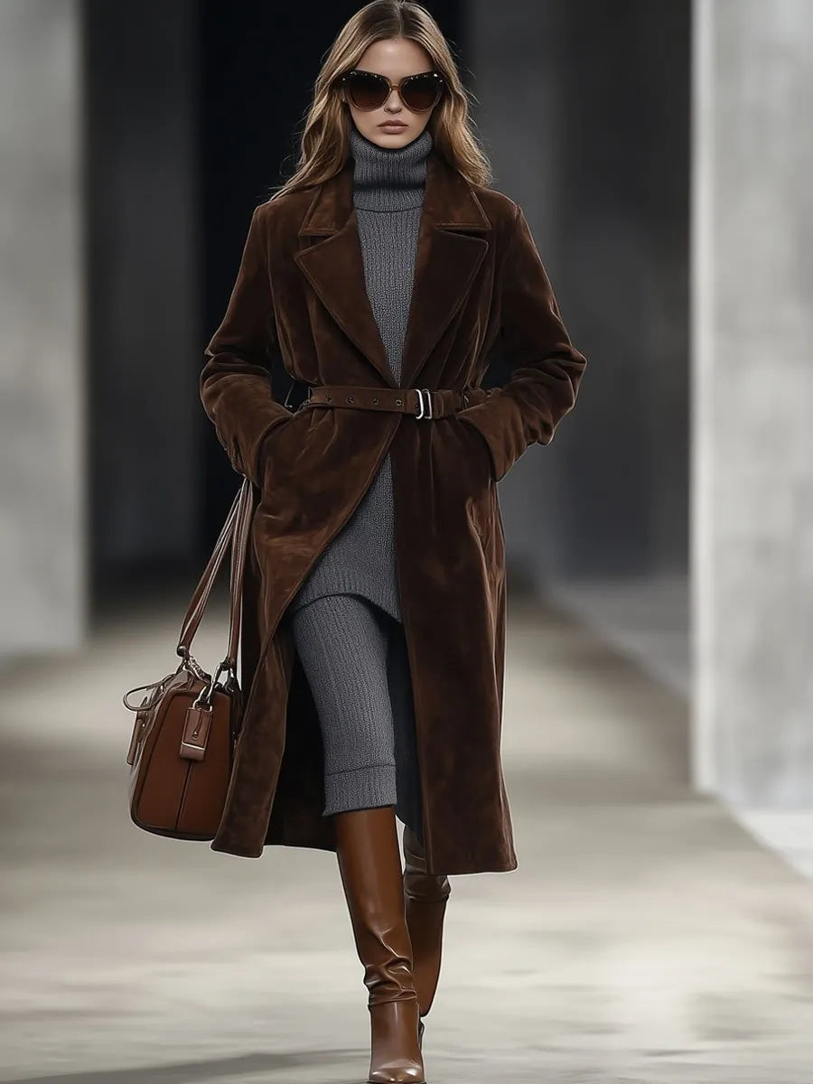 [24-hour shipping out]Casual Loose Retro Solid Chocolate Color Belted Suede Mid-Length Coat