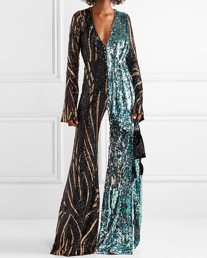 Women's Sequin Panel Two-Tone Jumpsuit