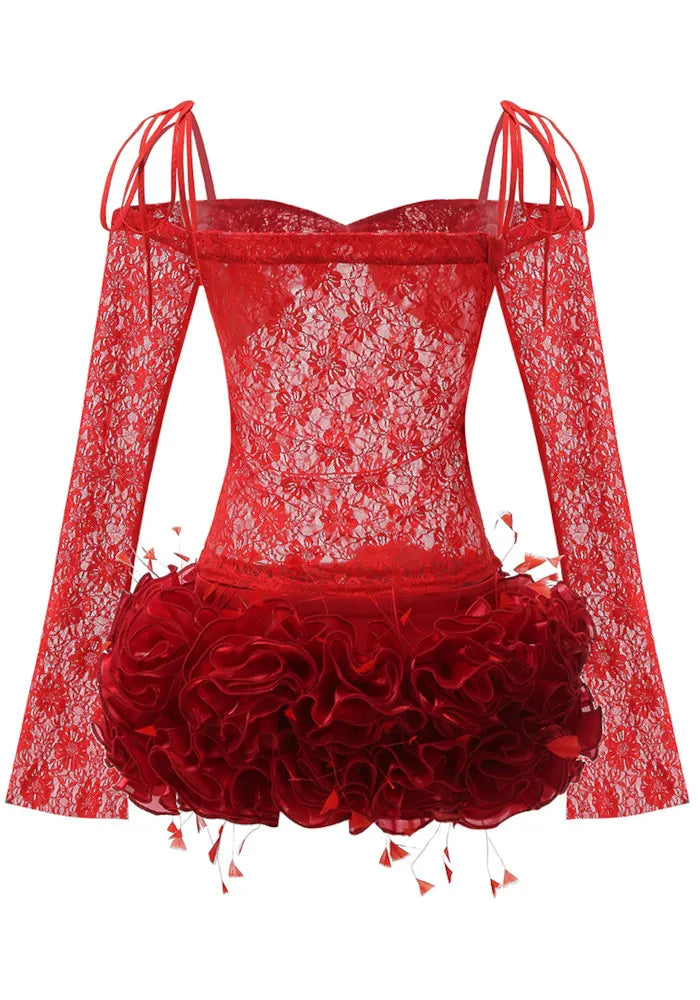 Long Sleeve Lace Floral Ruffle Dress Red