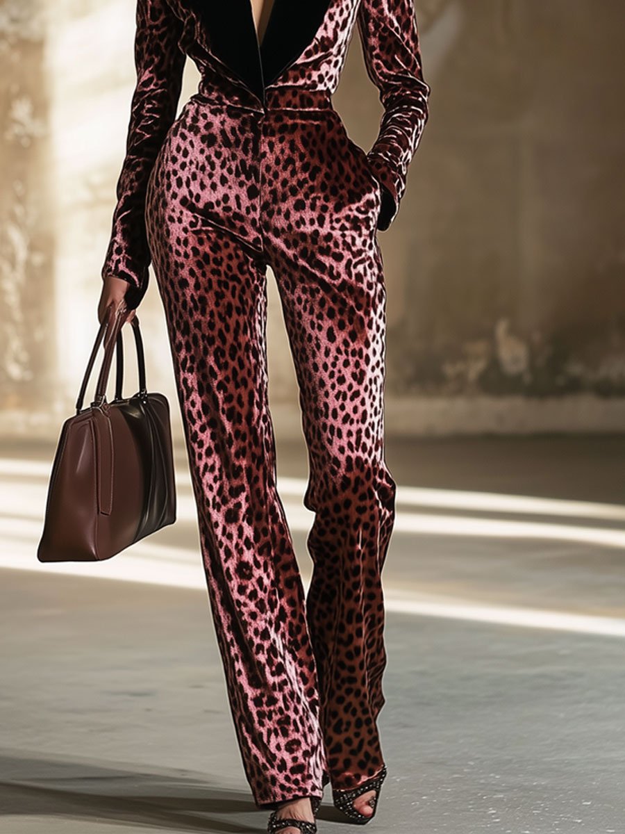 [24-hour shipping out]Casual Loose Retro Velvet Leopard Print Colorblock Lapel Long Sleeve Jumpsuit