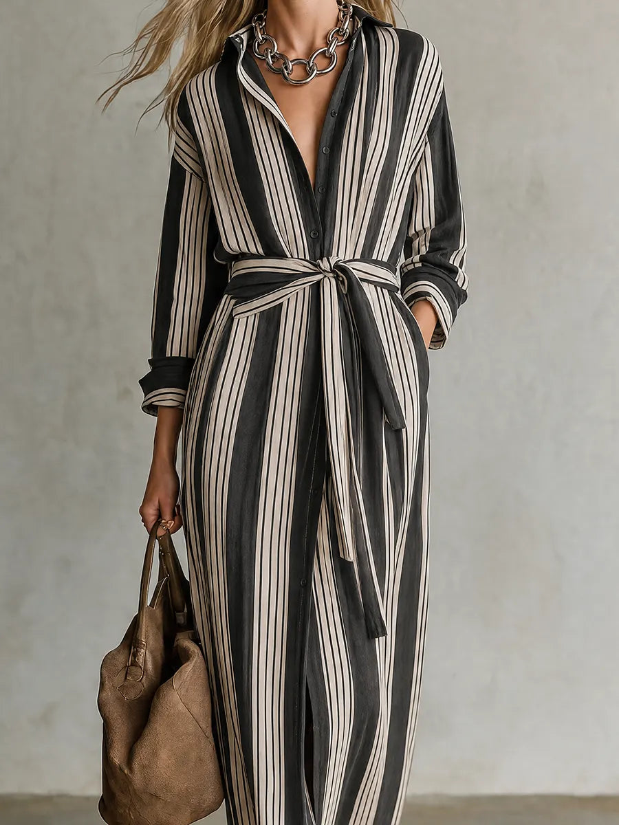 Urban Boho Vertical Stripe Belted Maxi Dress