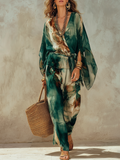 Bohemian Green Tie-dye Batwing Sleeve Top And Pants Set
