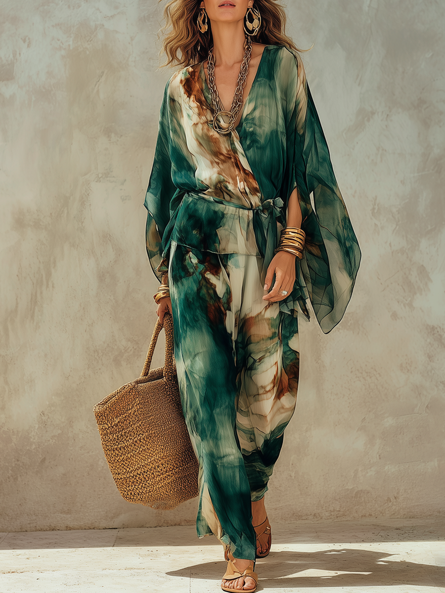 Bohemian Green Tie-dye Batwing Sleeve Top And Pants Set