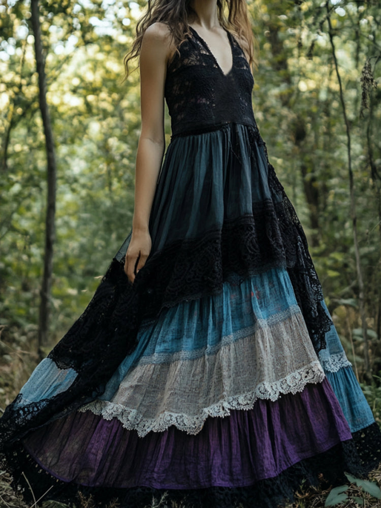 Boho Lace Patchwork Colorful Art Sleeveless Comfy Linen Dress