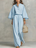 Bohemian Style Linen Wide Sleeved Top And Pants Set
