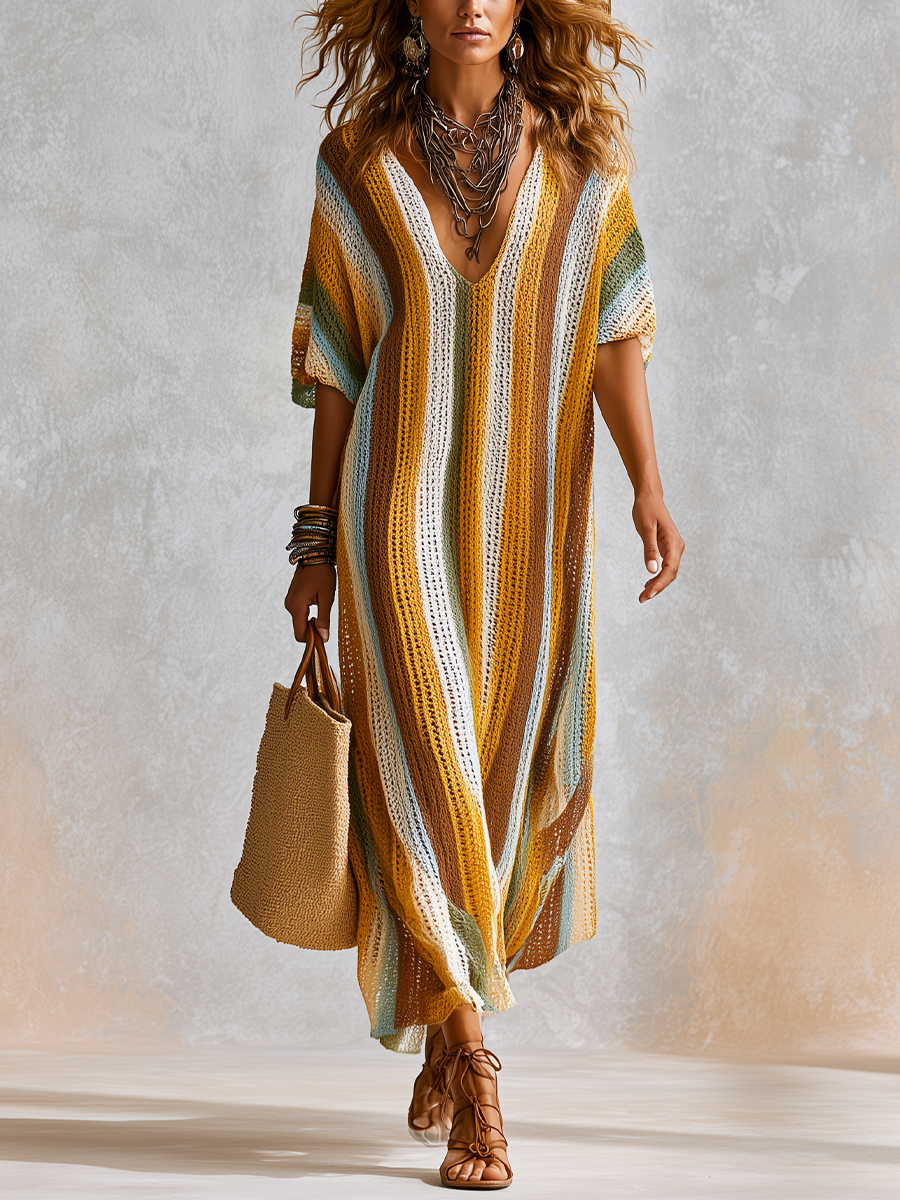 Bohemian Style Multi Colored Striped Knit Maxi Dress