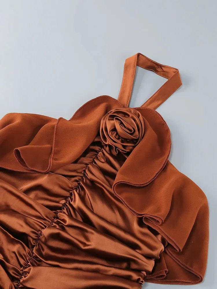 Halter Floral Ruffle Ruched Dress Brown