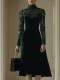 [24-hour shipping out]Elegant Retro Velvet Stitching Lace High Collar Long Sleeve Midi Dress