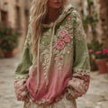 Love & Health Collection Classic Floral Embroidery Gradient Art Linen Long Sleeve Hoodie