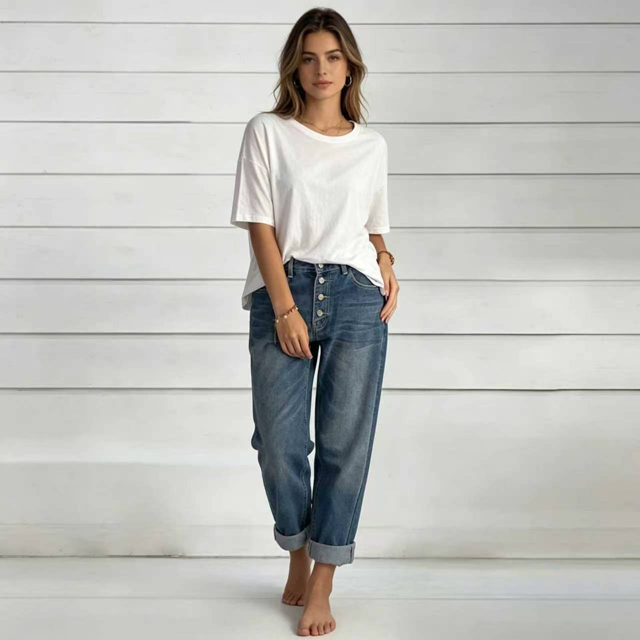 High-Waisted Button-Fly Boyfriend Jeans