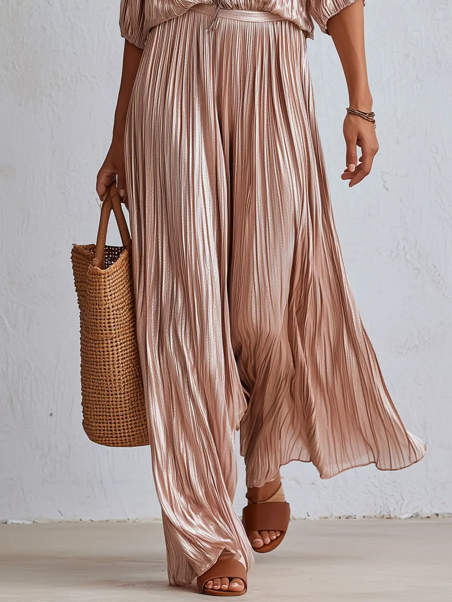 Luxurious Rose Gold Plisse V-Neck Wide Leg Pant Set