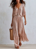 Luxurious Rose Gold Plisse V-Neck Wide Leg Pant Set