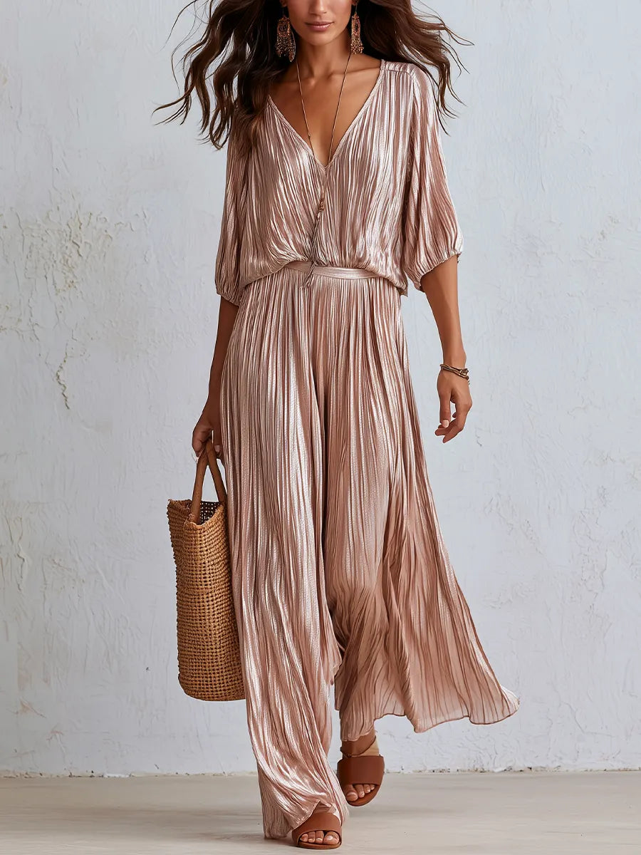 Luxurious Rose Gold Plisse V-Neck Wide Leg Pant Set