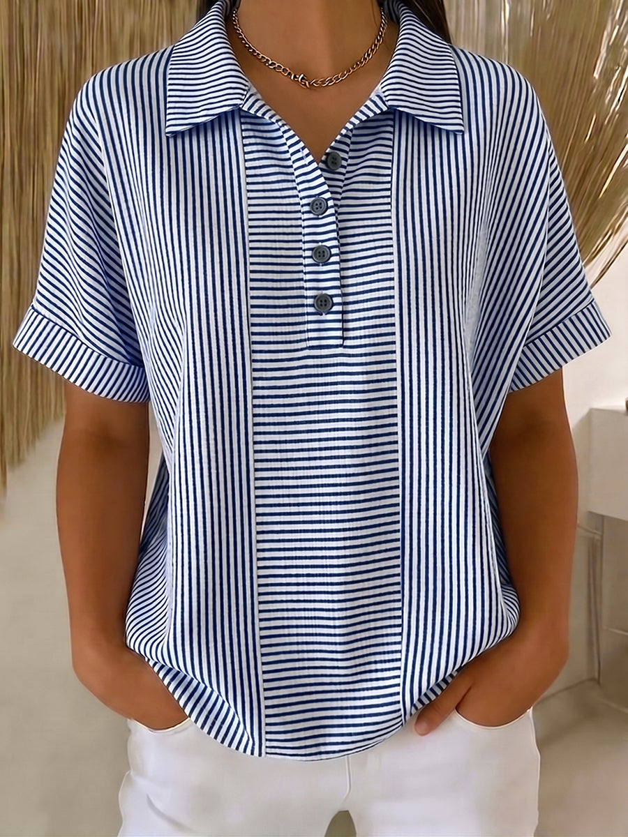 Artistic Cut Striped Cotton-linen Polo Collar Shirt Blouse