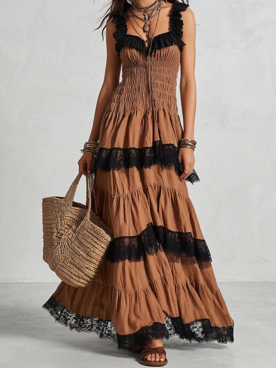 Desert Rose Pleated Tiered Lace Dress