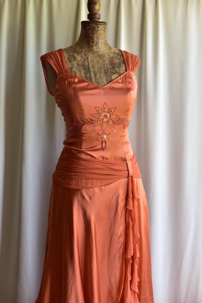 Y2K Vintage Silk Maxi Dress: Fairycore Style Beaded Floral Print Party Dress