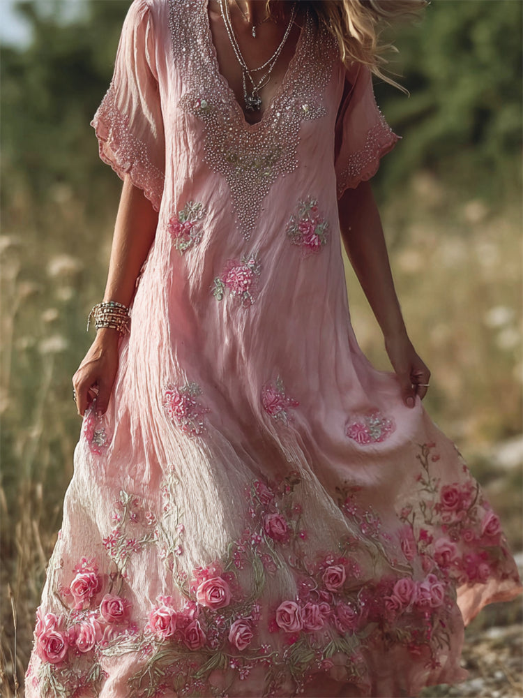 Vintage Boho Pink Roses Glitter Lace Flowy Linen Maxi Dress