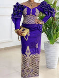 Floral Printed Square-Neck Ruffled Long Sleeve Embroidered Maxi Dress
