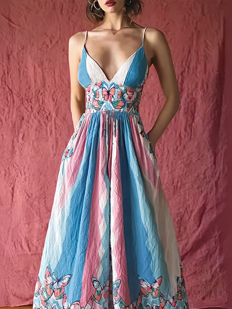 Retro Butterfly Print Transgender Colorblock Patchwork Dress