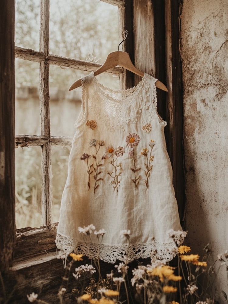 Vintage Flowers Embroidery Lace Art Linen Sleeveless Top