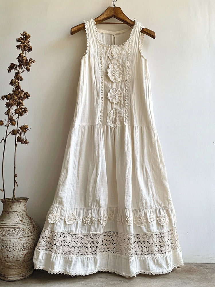 Elegant Floral Lace Cutout Design Linen Sleeveless Dress