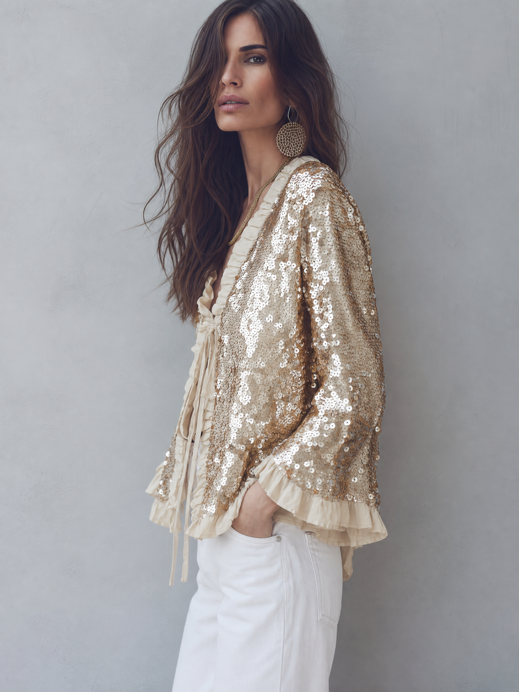 Elegant Champagne Sequin Ruffle Tie-Front Blouse