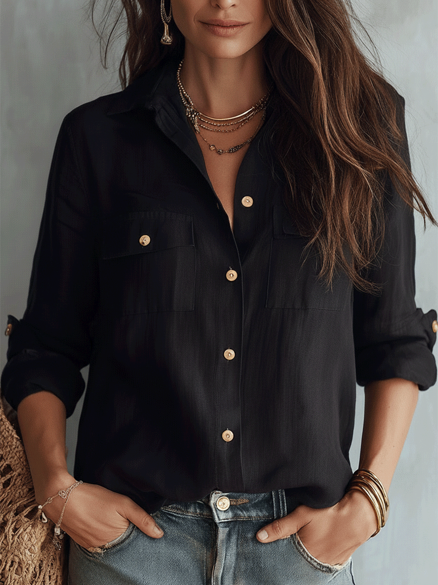 Casual Elegance Black Cotton-Linen Pocket Shirt