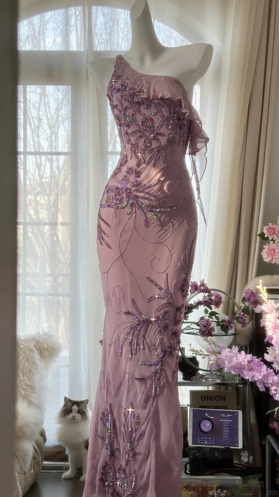 Pink Purple Romantic One Shoulder Fashion Elegant Exquisite Floral Beading Long Chiffon Ball Gown Evening Dress Birthday Holiday Party Dress Prom Dress 4012