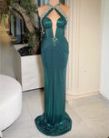Halter Emerald Rhinestone Keyhole Cutout Mermaid Maxi Evening Gown, Dark Green Pleated Bodice Train Formal Dress