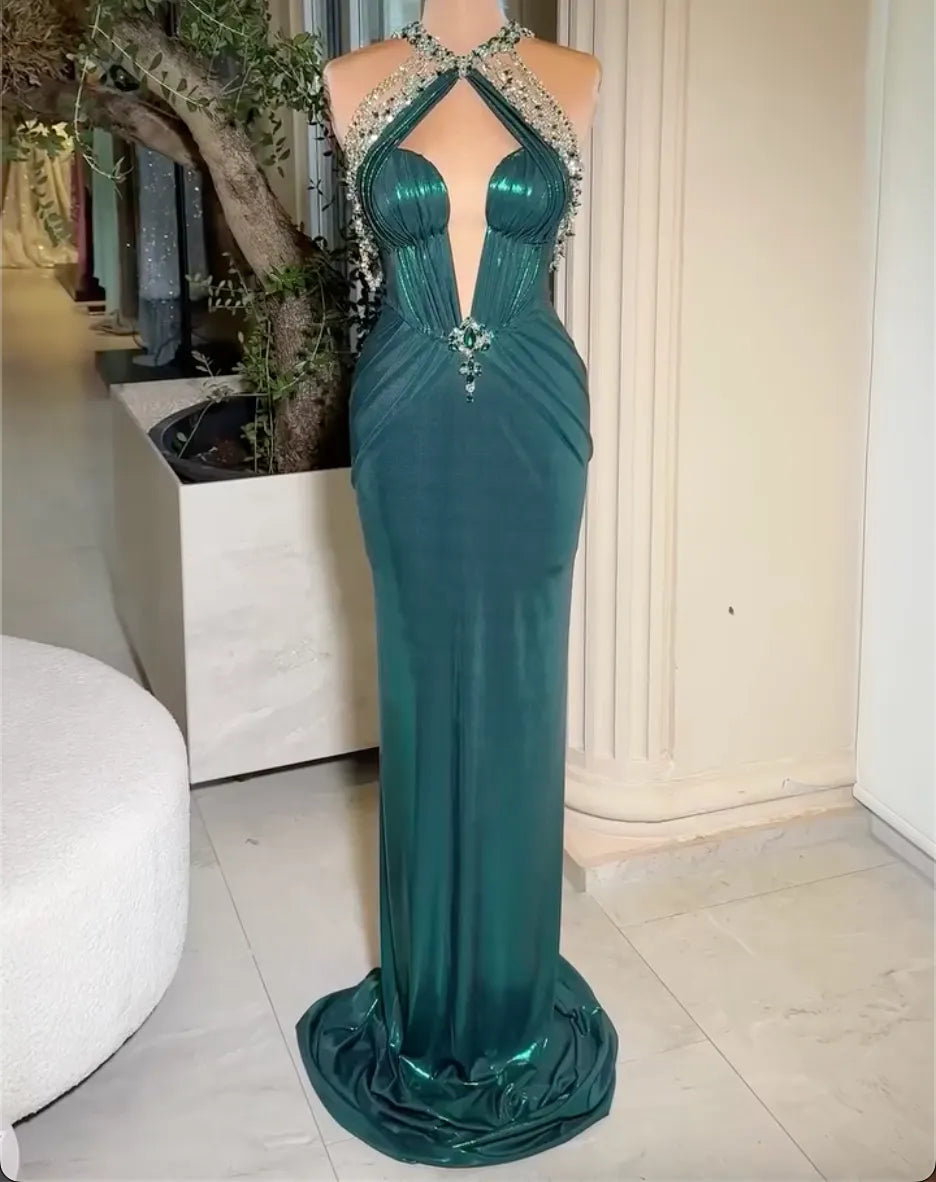 Halter Emerald Rhinestone Keyhole Cutout Mermaid Maxi Evening Gown, Dark Green Pleated Bodice Train Formal Dress