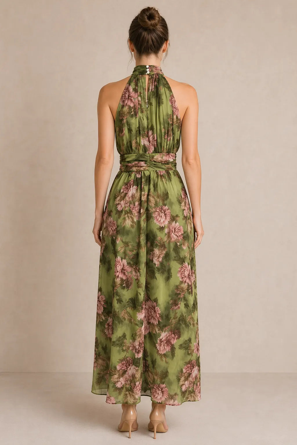 Olive Floral Halter Neck Maxi Dress
